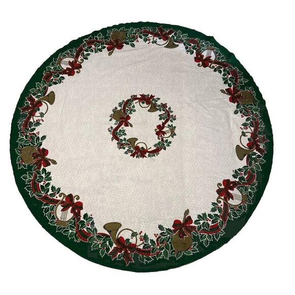 Vintage Set 2 Christmas Tablecloths Round Rectangle Holly Ribbon Holiday Linens - Picture 2 of 16